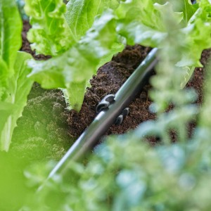 Gardena csőtartó (13 mm) használat közben, rögzítve egy öntözőcsövet a kerti ágyásban.