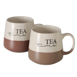 Két Boltze Teatime kőedény bögre, kétszínű világos/barna, 'TEA time' felirattal. Edények, 370 ml.