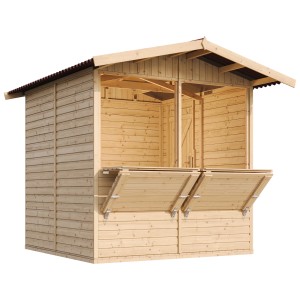 Timbela M149 fa piaci bódé, 4,08 m² két pulttal, természetes kivitel.