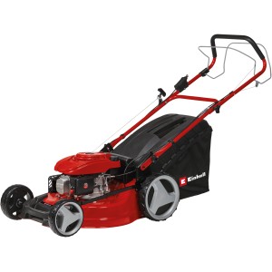 Einhell GC-PM 51/3 S HW-E benzines fűnyíró hátsókerék-hajtással és fűgyűjtő kosárral.