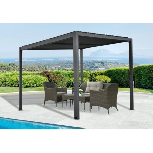 Antracit Floraworld pergola lamellás tetővel és ülőgarnitúrával a kertben.