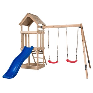 Swing King Noa fa játéktorony kék csúszdával és két piros hintával.
