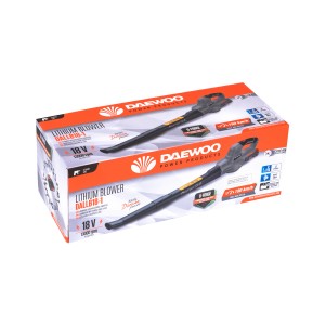 Daewoo akkus lombfúvó dobozban. Kompakt, vezeték nélküli fúvó kerthez és udvarhoz.