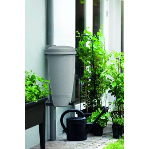 Elho Green Basics 35 l-es esővízgyűjtő beton hatású, locsolókannával és növényekkel a kertben.