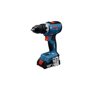 Kék Bosch Professional akkus fúrócsavarozó GSR 18V-65 akkumulátorral. Erőteljes, kompakt szerszám fúráshoz és csavarozáshoz.