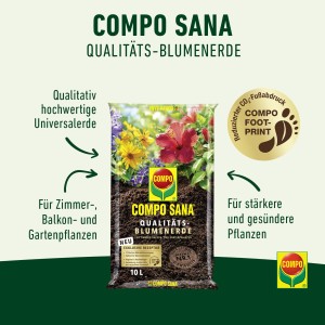 Compo Sana minőségi virágföld, 10 literes zsák univerzális föld szoba-, erkély- és kerti növényekhez.