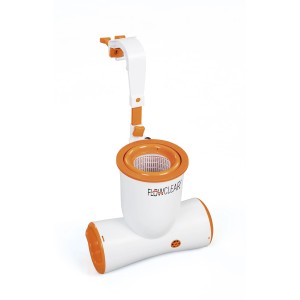 Flowclear Skimatic 2 az 1-ben medence szkimmer szűrőbetéttel, fehér és narancssárga.