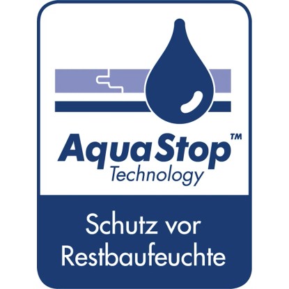 AquaStop logó a Selitstop® Alu-Dichtbandhoz, nedvességvédelem lépéshangszigeteléshez.