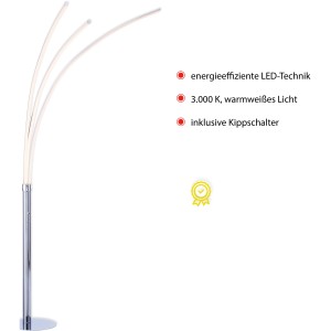 Modern LED állólámpa Maja Chrome, 215 cm magas, három karral a meleg fehér fényhez.