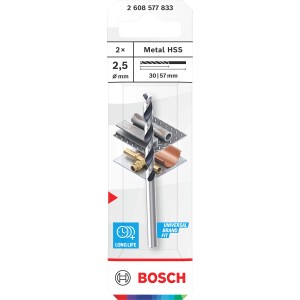 Bosch HSS fémfúró készlet, 2,5 mm, 2 darabos, precíz fúráshoz.