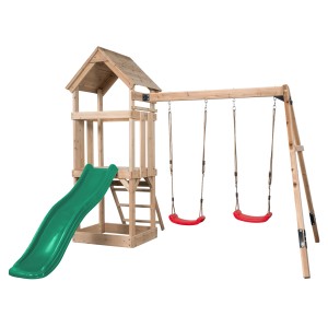 Swing King Noa játszótér zöld csúszdával és két piros hintával, fából.