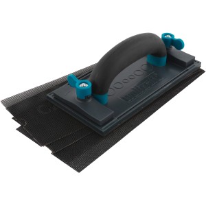 wolfcraft 5 részes kézi csiszoló készlet csiszolóhálóval és ergonomikus fogantyúval.