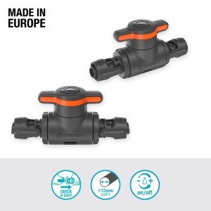 Gardena 13 mm-es szabályozó/elzáró szelep Micro-Drip-Systemhez, a vízátfolyás fokozatmentes szabályozásához.