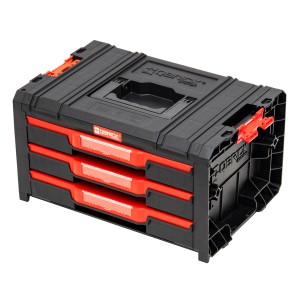 Qbrick System PRO Szerszámosláda 3 fiókkal, fekete/piros, szerszámok tárolására és szállítására.