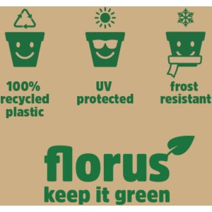 Florus virágláda: Újrahasznosított, UV- és fagyálló. "Keep it green" logó.