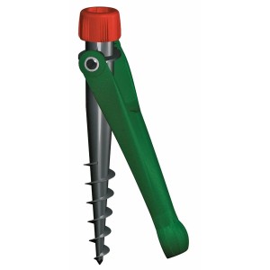 Zöld Krinner Vario Drill talajcsavar műanyagból. Napernyőtartó spirállal és piros kupakkal.