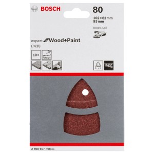 Bosch C430 csiszolólap készlet, 80-as szemcseméret, multicsiszolókhoz. 10 darabos készlet, fa és festék csiszolásához.