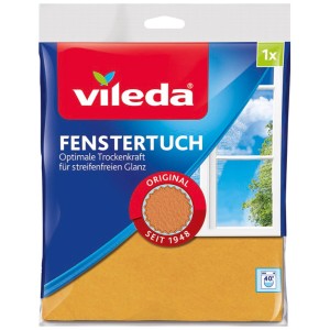 Vileda ablaktörlő kendő kék csomagolásban, sárga kendő a csíkmentes ragyogásért.