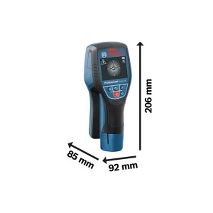 Kék-fekete Bosch Professional D-tect 120 érzékelő készülék kijelzővel, gombokkal és méretekkel 206x85x92 mm.