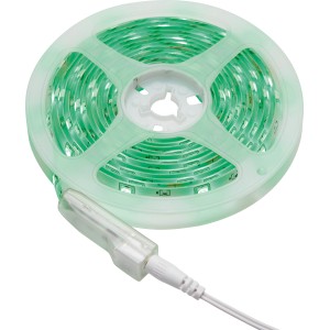 Feltekert 3 m-es RGB LED flexibilis szalag távirányítóval, zölden világít.