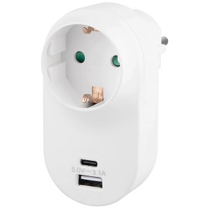 Fehér aljzat adapter 2 USB porttal okostelefonok és táblagépek töltéséhez.