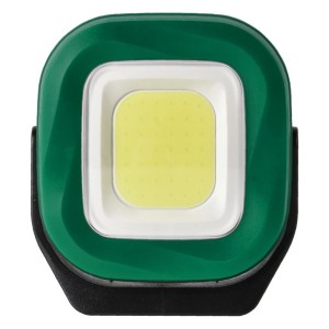 Zöld, hordozható LED reflektor erős fénnyel, sokoldalú használatra.