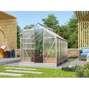 Vitavia Venus 6200 üvegház, natúr alumínium, 6,2 m², nyitott ajtóval a kertben.
