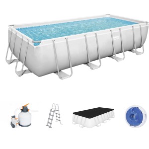 Bestway acélvázas medence szett, 5.49m x 2.74m x 1.22m, téglalap alakú, létrával, szivattyúval és takaróval.