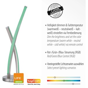 Acélszínű LOLAsmart-Swing okos LED asztali lámpa, 48,5 cm magas. Állítható fényszín és fényerő.
