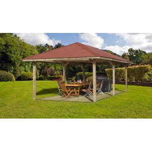 Weka Pavilon Gartenoase 651 B piros tetővel, asztallal, székekkel és grillel a kertben.