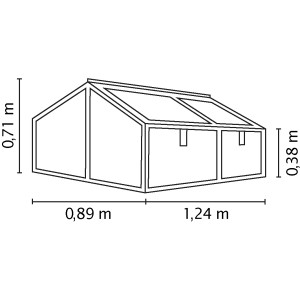 A Vitavia Gamma ESG Alu üvegház vázlata, Sz 89 x Mé 124 x Ma 71 cm, méretekkel.