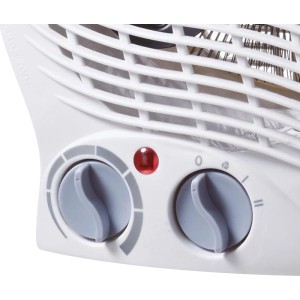 Fehér hősugárzó: Kezelőpanel két szürke forgatógombbal a termosztáthoz, 2 fűtési fokozathoz és szellőzéshez. Piros jelzőfény.