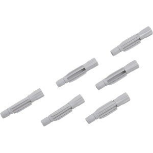 Közelkép hat szürke LUX univerzális tiplit (6x33 mm) műanyagból, betonhoz és téglához.