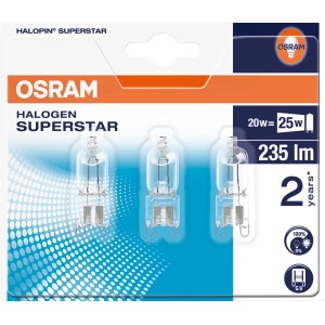 Osram G9-es nagyfeszültségű halogén izzó, 20W, 3 darabos szett. Meleg fehér fény beltérre.