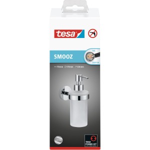 Tesa Smooz szappanadagoló, krómozott, falra szerelhető fúrás nélkül, 200 ml űrtartalom.