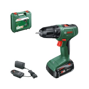 Zöld Bosch EasyDrill 18V-38 akkus fúrócsavarozó akkumulátorral, töltővel és kofferrel, sokoldalú használatra.