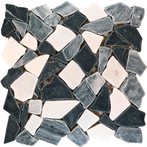 Poligonális mozaikszőnyeg fekete, szürke és fehér színben, 30x30 cm. Tört mozaik sokoldalú felhasználáshoz.
