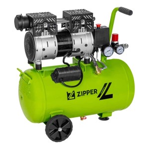 Zöld-fekete Zipper Silent Kompresszor ZI-COM24SI 24L tartállyal, manométerekkel és kerekekkel műhelybe.