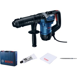 Bosch Professional GSH 5 bontókalapács tartozékokkal: koffer, véső, zsírzó tubus és törlőkendő.