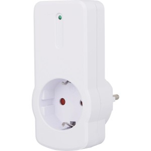 Fehér vezeték nélküli aljzat LED-jelzővel otthoni automatizáláshoz.