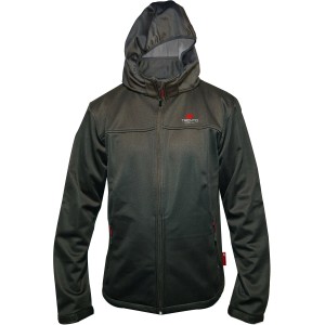 Fekete férfi softshell kabát (M-es méret) kapucnival és cipzáras zsebekkel kültéri tevékenységekhez.