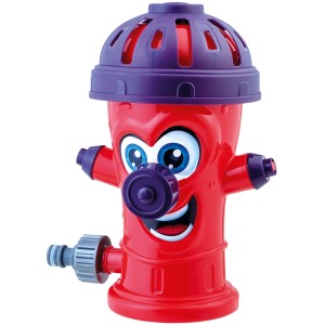 Piros Happy People tűzcsap vízi locsoló arccal és lila részletekkel gyerekeknek.