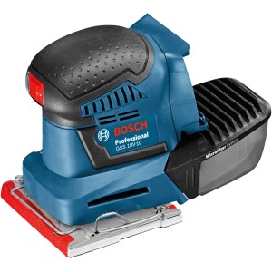 Bosch Professional GSS 18V-10 akkus rezgőcsiszoló porelszívó dobozzal és csiszolólappal.