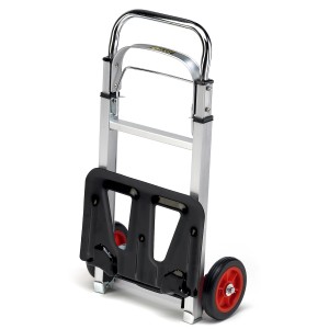 Összecsukott alumínium szállítókocsi piros-fekete kerekekkel, 90 kg teherbírással.