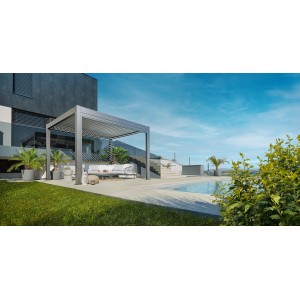 Biohort pergola kvarc szürke/ezüst metál színben medence és kerti bútorok mellett.