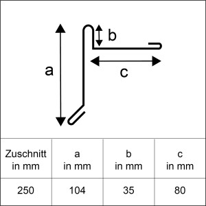 Vázlat egy alumínium szegélylemezről vízorral, méret 250x2000mm, részletes méretek a, b, c.