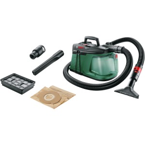 Bosch EasyVac 3 száraz porszívó tartozékokkal, mint például szívófejek, szűrő és porzsákok.