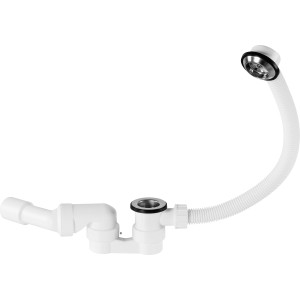 Fehér excenteres lefolyógarnitúra (44,8 mm) fürdőkádakhoz, flexibilis lefolyó és túlfolyó.