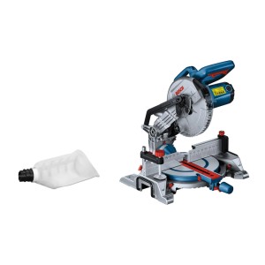Bosch Professional GCM 216 gérvágó fűrész tartozékokkal, mint például porzsák és asztalhosszabbító.