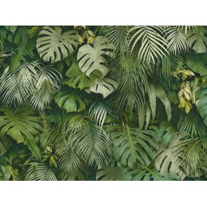 A.S. Création Greenery vlies tapéta dzsungel motívummal, zöld sárga levelekkel és Monstera levelekkel.